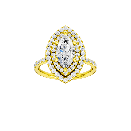 A front view of the Marquise cut diamond engagement ring in 14k yellow gold with a prong diamond band and cathedral setting