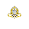 A front view of the Marquise cut diamond engagement ring in 14k yellow gold with a prong diamond band and cathedral setting