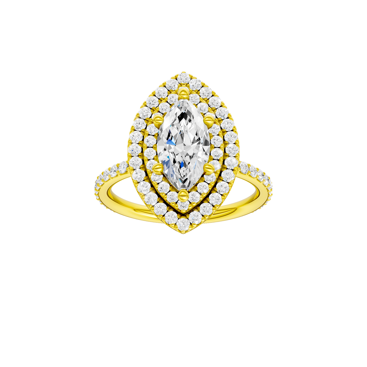 A front view of the Marquise cut diamond engagement ring in 14k yellow gold with a prong diamond band and cathedral setting