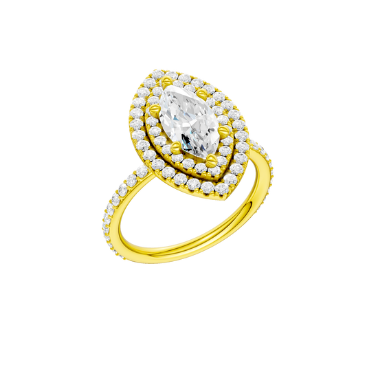 A three-quarter view of the Marquise cut diamond engagement ring in 14k yellow gold with a prong diamond band and cathedral setting