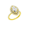 A three-quarter view of the Marquise cut diamond engagement ring in 14k yellow gold with a prong diamond band and cathedral setting