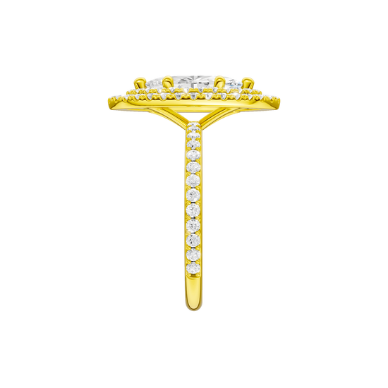 A side view of the Marquise cut diamond engagement ring in 14k yellow gold with a prong diamond band and cathedral setting