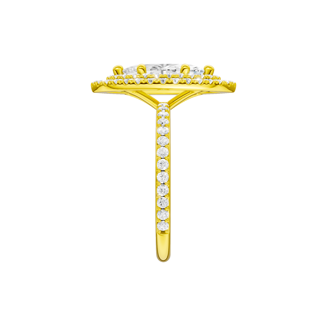 A side view of the Marquise cut diamond engagement ring in 14k yellow gold with a prong diamond band and cathedral setting