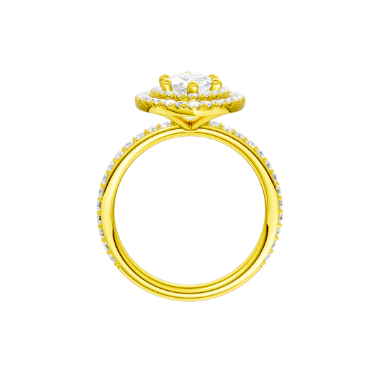 A profile view of the Marquise cut diamond engagement ring in 14k yellow gold with a prong diamond band and cathedral setting