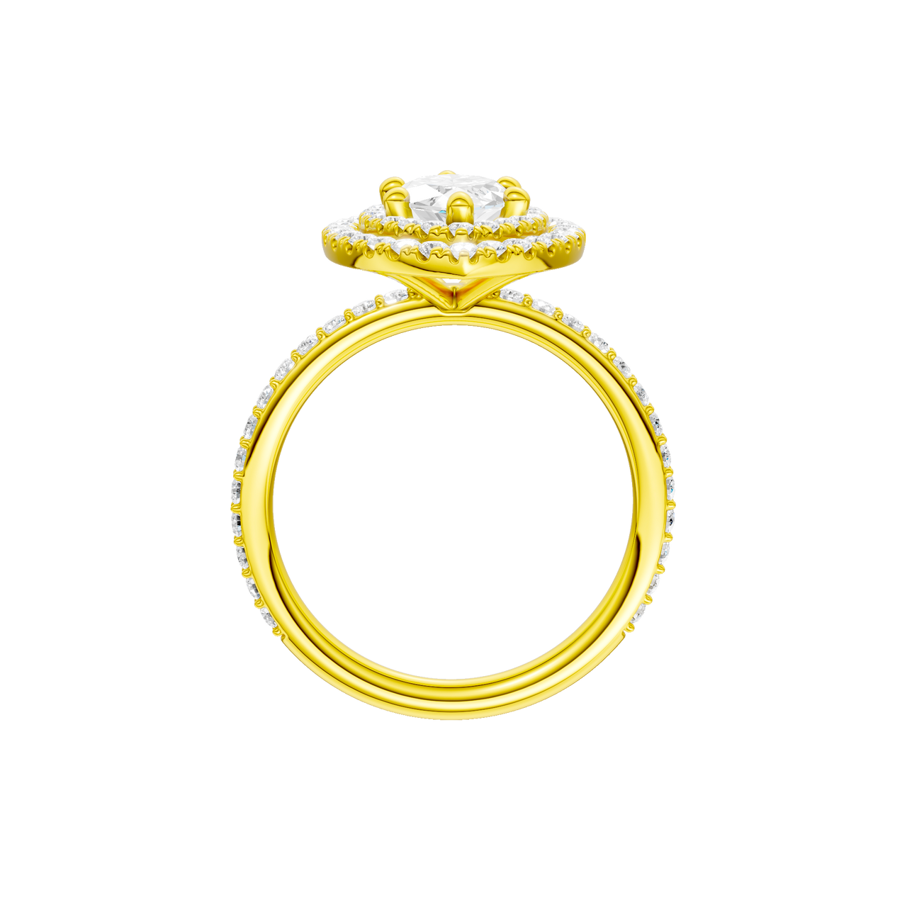 A profile view of the Marquise cut diamond engagement ring in 14k yellow gold with a prong diamond band and cathedral setting
