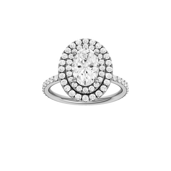 A front view of the Oval cut diamond engagement ring in 14k white gold with a prong diamond band and cathedral setting