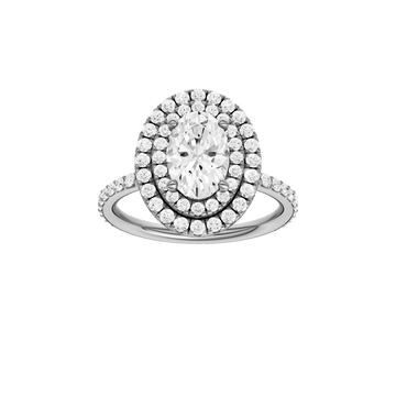 A front view of the Oval cut diamond engagement ring in 14k white gold with a prong diamond band and cathedral setting