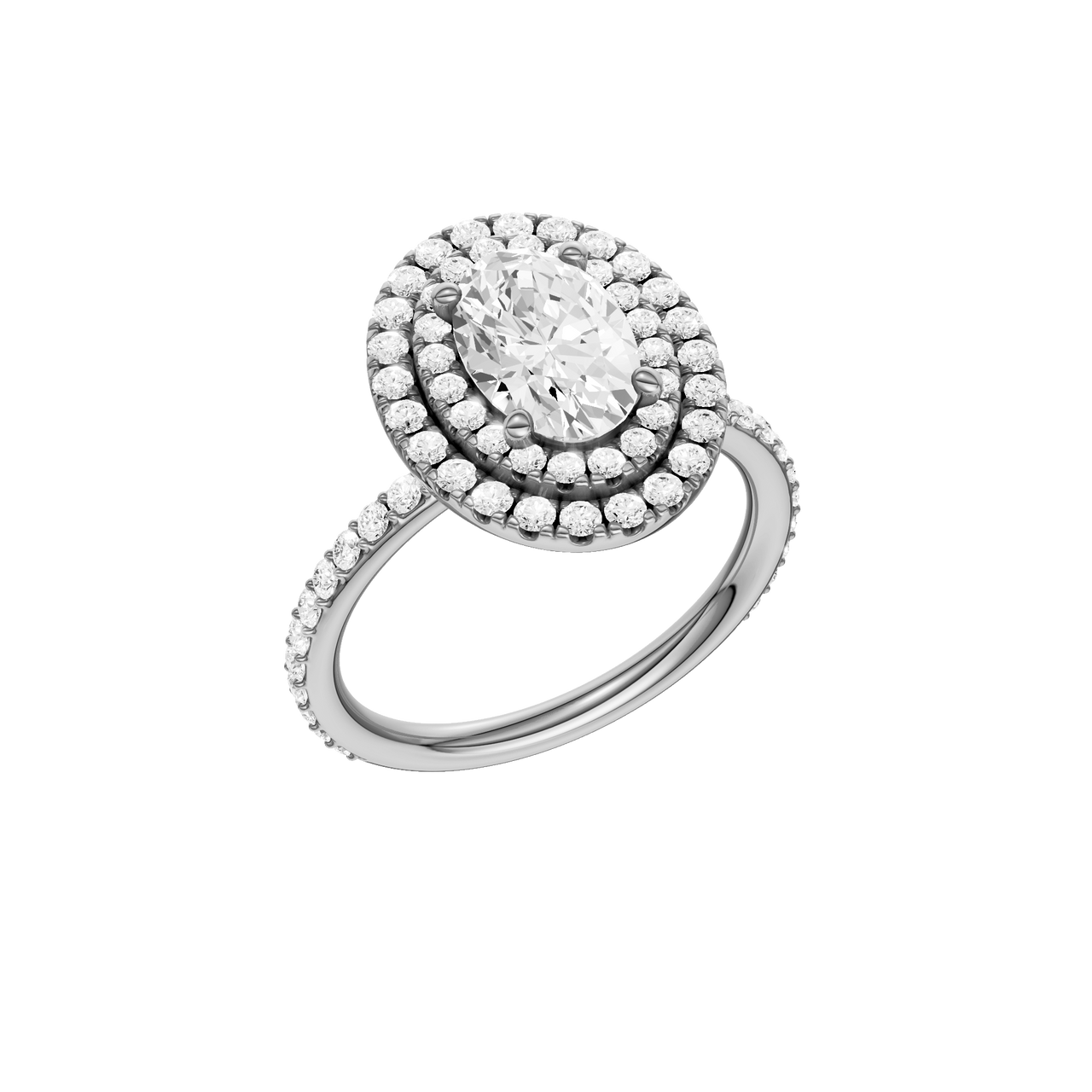 A three-quarter view of the Oval cut diamond engagement ring in 14k white gold with a prong diamond band and cathedral setting