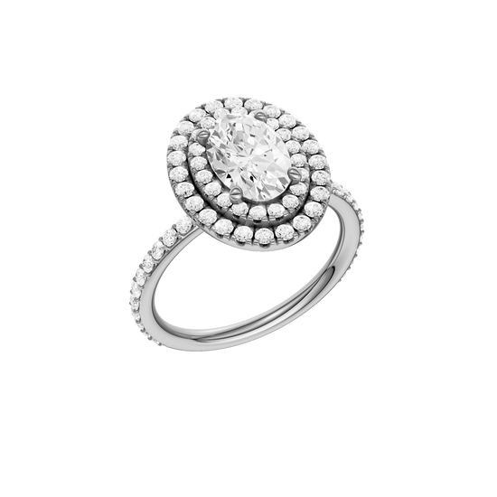 A three-quarter view of the Oval cut diamond engagement ring in platinum with a prong diamond band and cathedral setting
