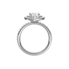 A profile view of the Oval cut diamond engagement ring in 14k white gold with a prong diamond band and cathedral setting
