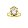 A front view of the Oval cut diamond engagement ring in 14k yellow gold with a prong diamond band and cathedral setting