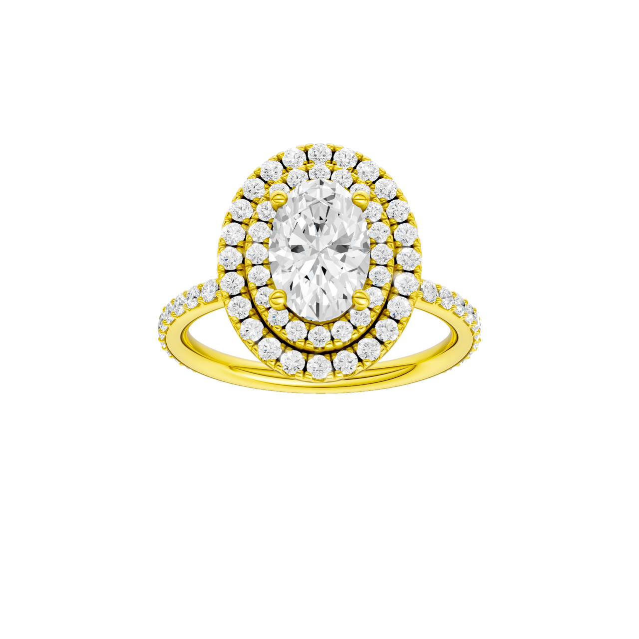 A front view of the Oval cut diamond engagement ring in 14k yellow gold with a prong diamond band and cathedral setting