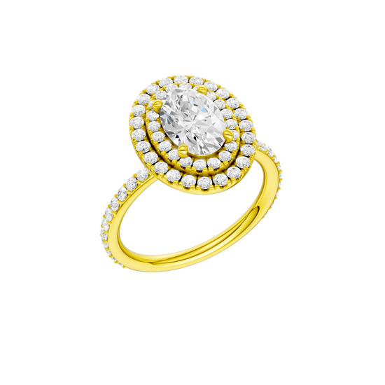 A three-quarter view of the Oval cut diamond engagement ring in 14k yellow gold with a prong diamond band and cathedral setting