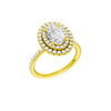 A three-quarter view of the Oval cut diamond engagement ring in 14k yellow gold with a prong diamond band and cathedral setting
