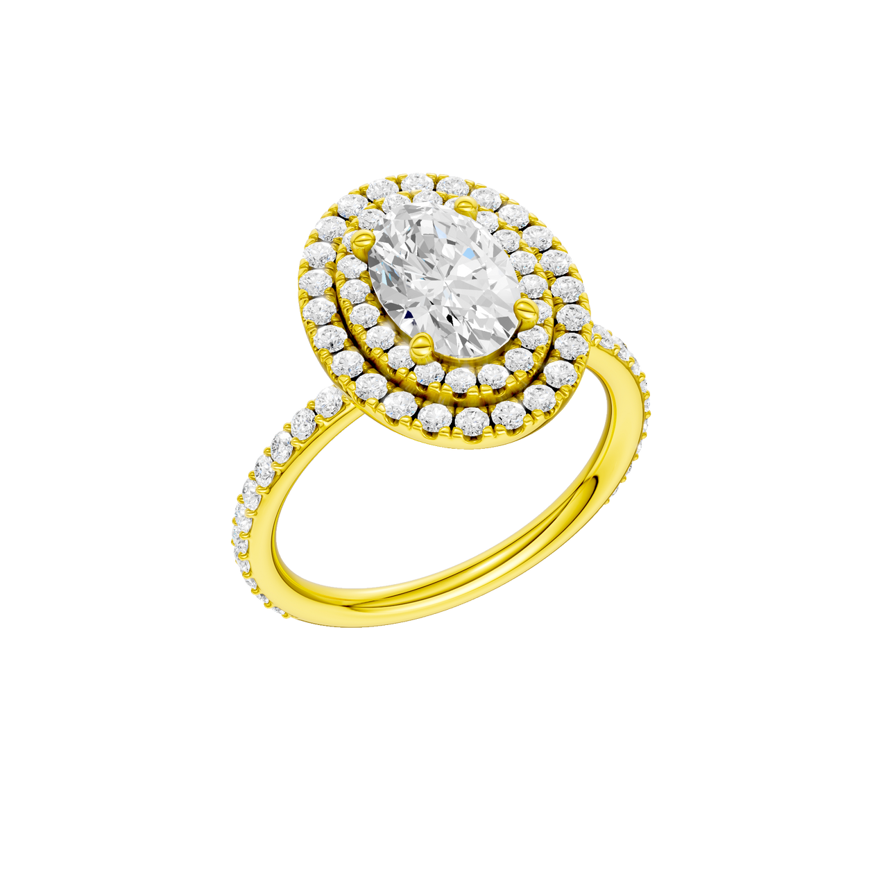 A three-quarter view of the Oval cut diamond engagement ring in 14k yellow gold with a prong diamond band and cathedral setting