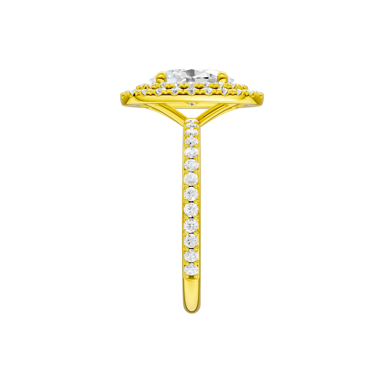 A side view of the Oval cut diamond engagement ring in 14k yellow gold with a prong diamond band and cathedral setting
