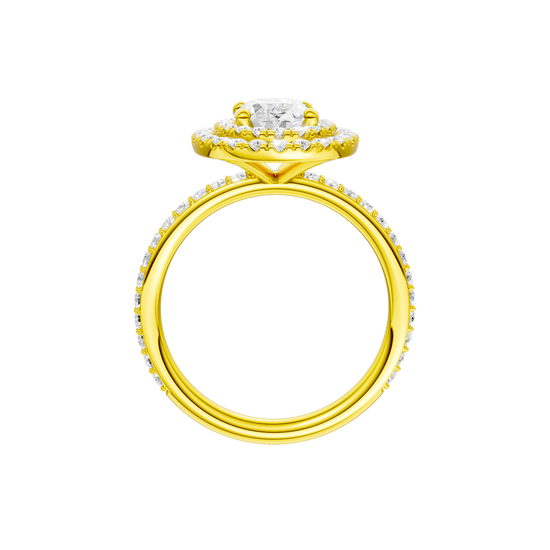 A profile view of the Oval cut diamond engagement ring in 14k yellow gold with a prong diamond band and cathedral setting