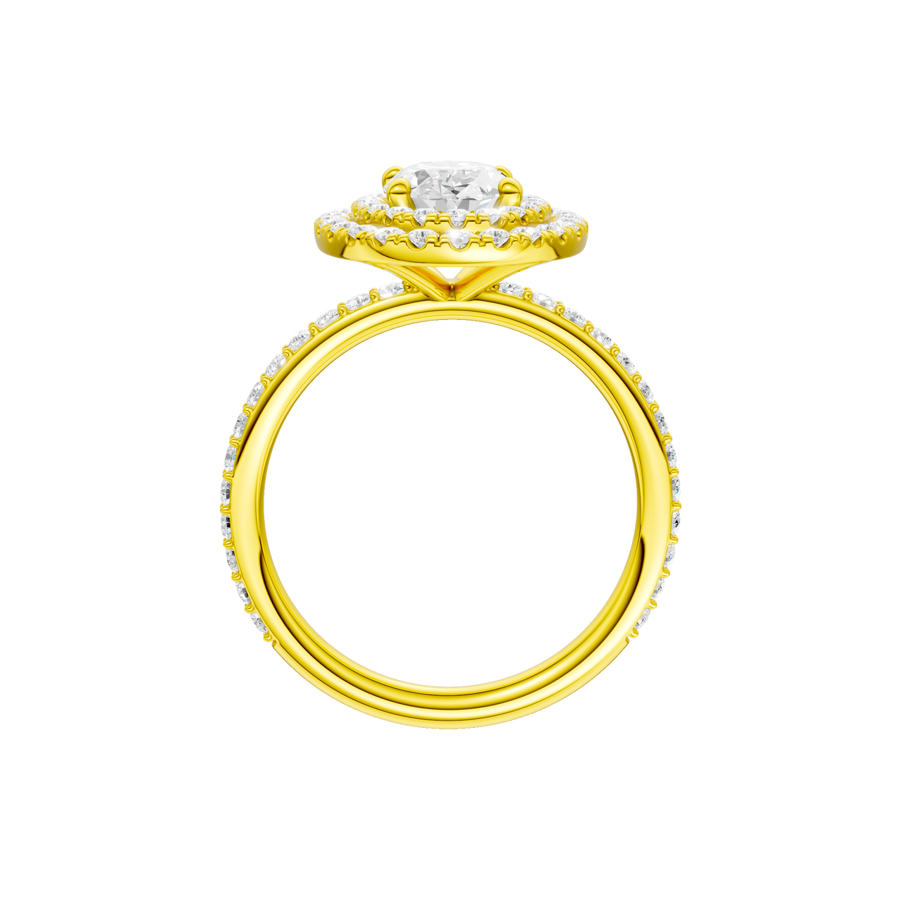 A profile view of the Oval cut diamond engagement ring in 14k yellow gold with a prong diamond band and cathedral setting