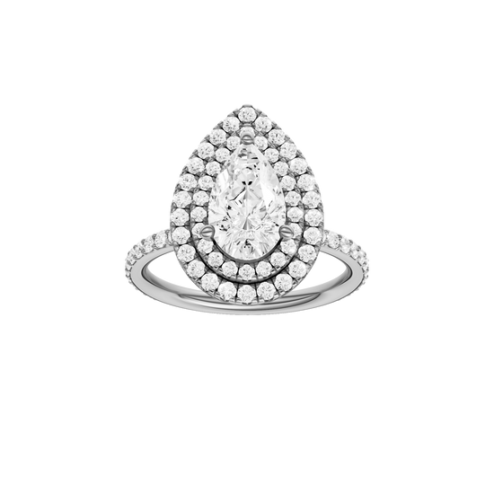 A front view of the Pear cut diamond engagement ring in 14k white gold with a prong diamond band and cathedral setting