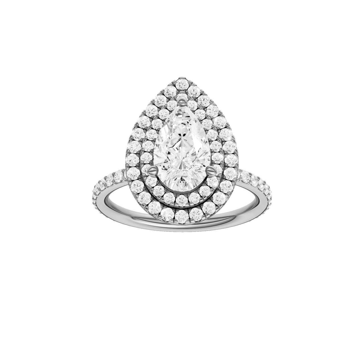 A front view of the Pear cut diamond engagement ring in 14k white gold with a prong diamond band and cathedral setting