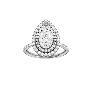 A front view of the Pear cut diamond engagement ring in 14k white gold with a prong diamond band and cathedral setting