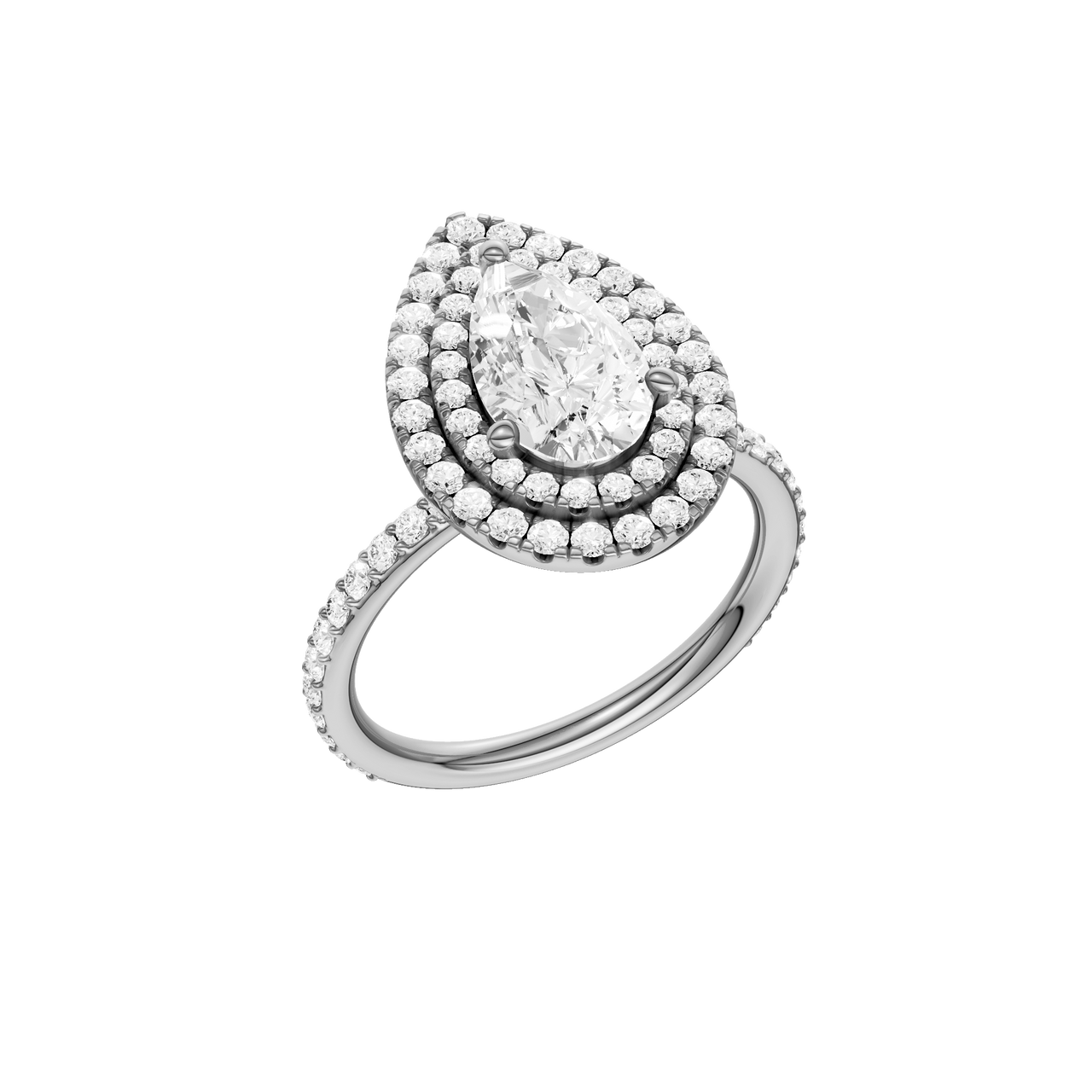 A three-quarter view of the Pear cut diamond engagement ring in 14k white gold with a prong diamond band and cathedral setting
