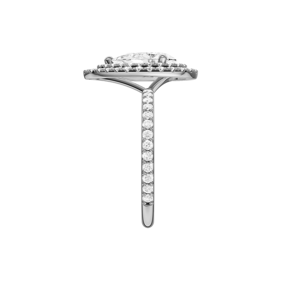A side view of the Pear cut diamond engagement ring in 14k white gold with a prong diamond band and cathedral setting