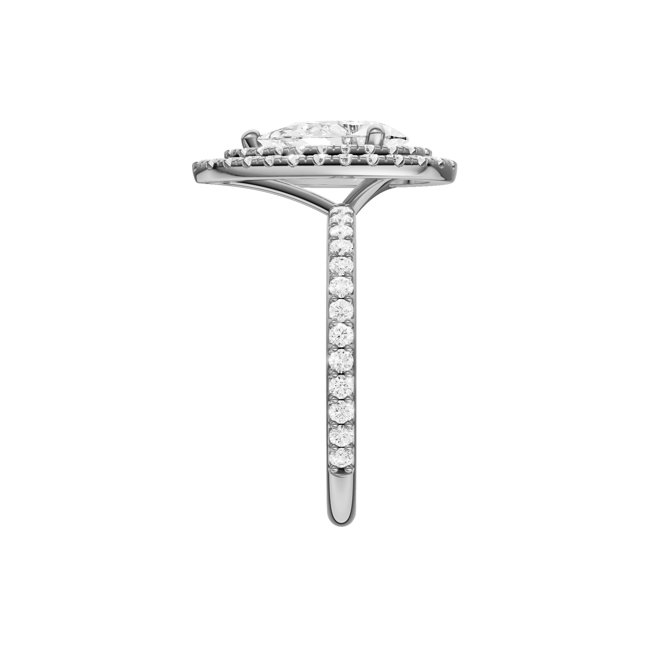 A side view of the Pear cut diamond engagement ring in platinum with a prong diamond band and cathedral setting