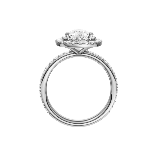A profile view of the Pear cut diamond engagement ring in platinum with a prong diamond band and cathedral setting