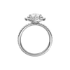A profile view of the Pear cut diamond engagement ring in platinum with a prong diamond band and cathedral setting