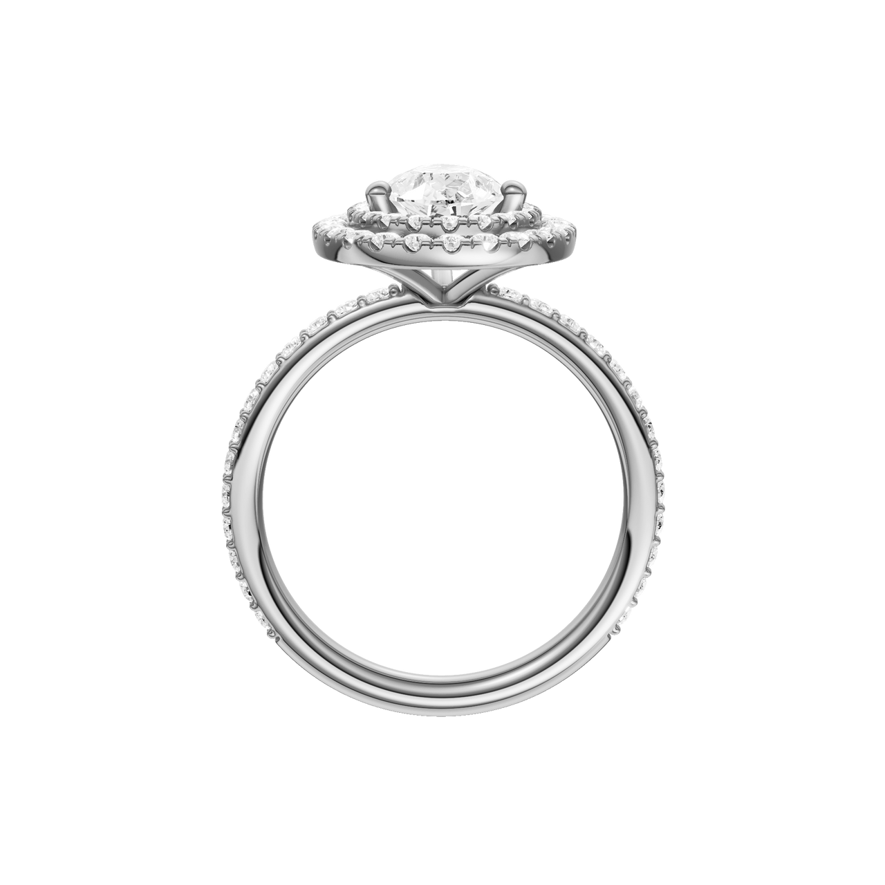 A profile view of the Pear cut diamond engagement ring in platinum with a prong diamond band and cathedral setting