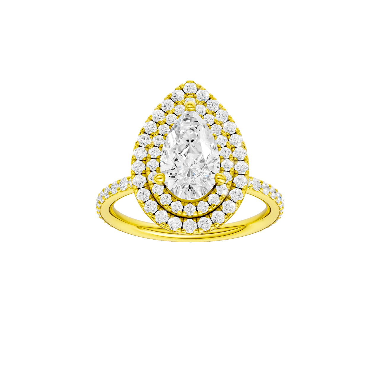 A front view of the Pear cut diamond engagement ring in 14k yellow gold with a prong diamond band and cathedral setting
