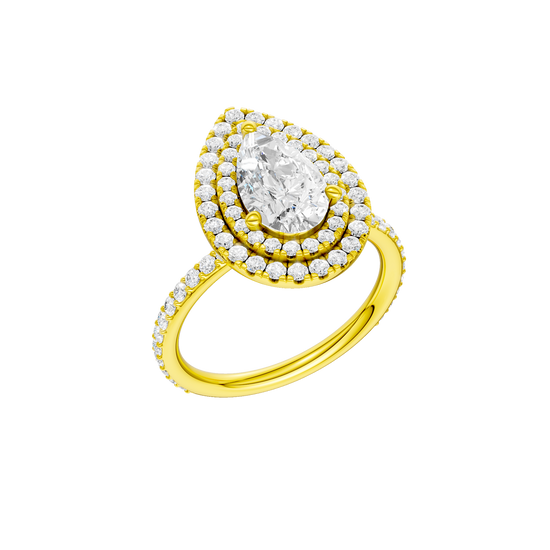 A three-quarter view of the Pear cut diamond engagement ring in 14k yellow gold with a prong diamond band and cathedral setting
