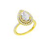 A three-quarter view of the Pear cut diamond engagement ring in 14k yellow gold with a prong diamond band and cathedral setting