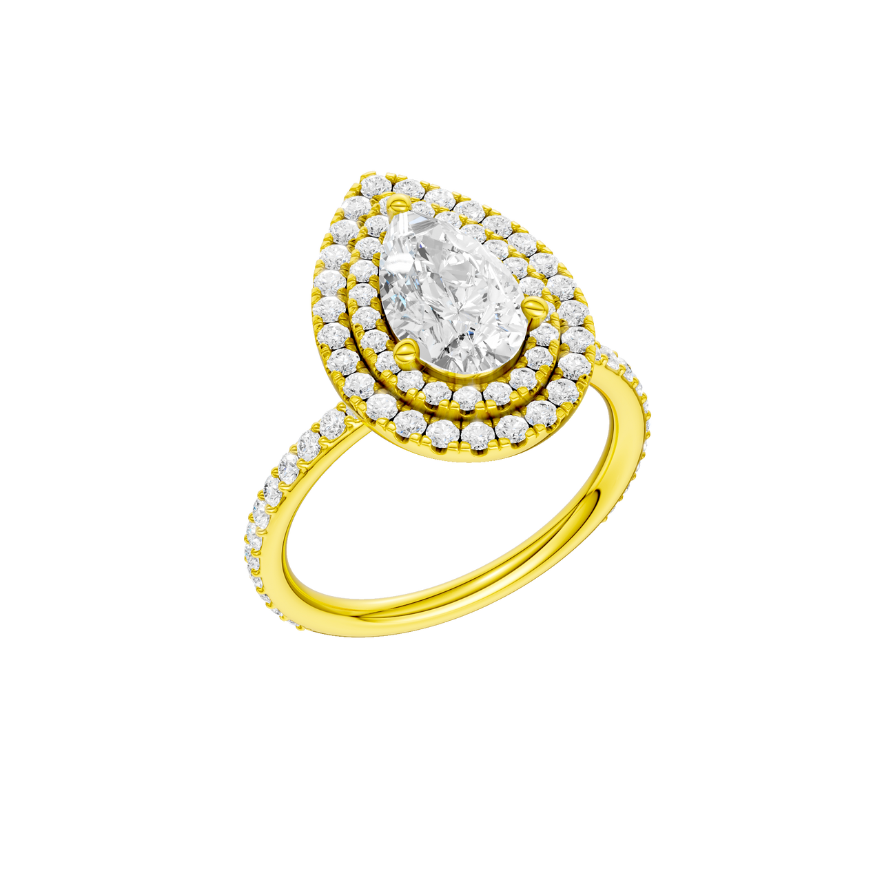 A three-quarter view of the Pear cut diamond engagement ring in 14k yellow gold with a prong diamond band and cathedral setting