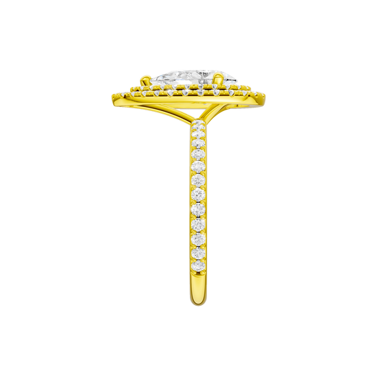 A side view of the Pear cut diamond engagement ring in 14k yellow gold with a prong diamond band and cathedral setting