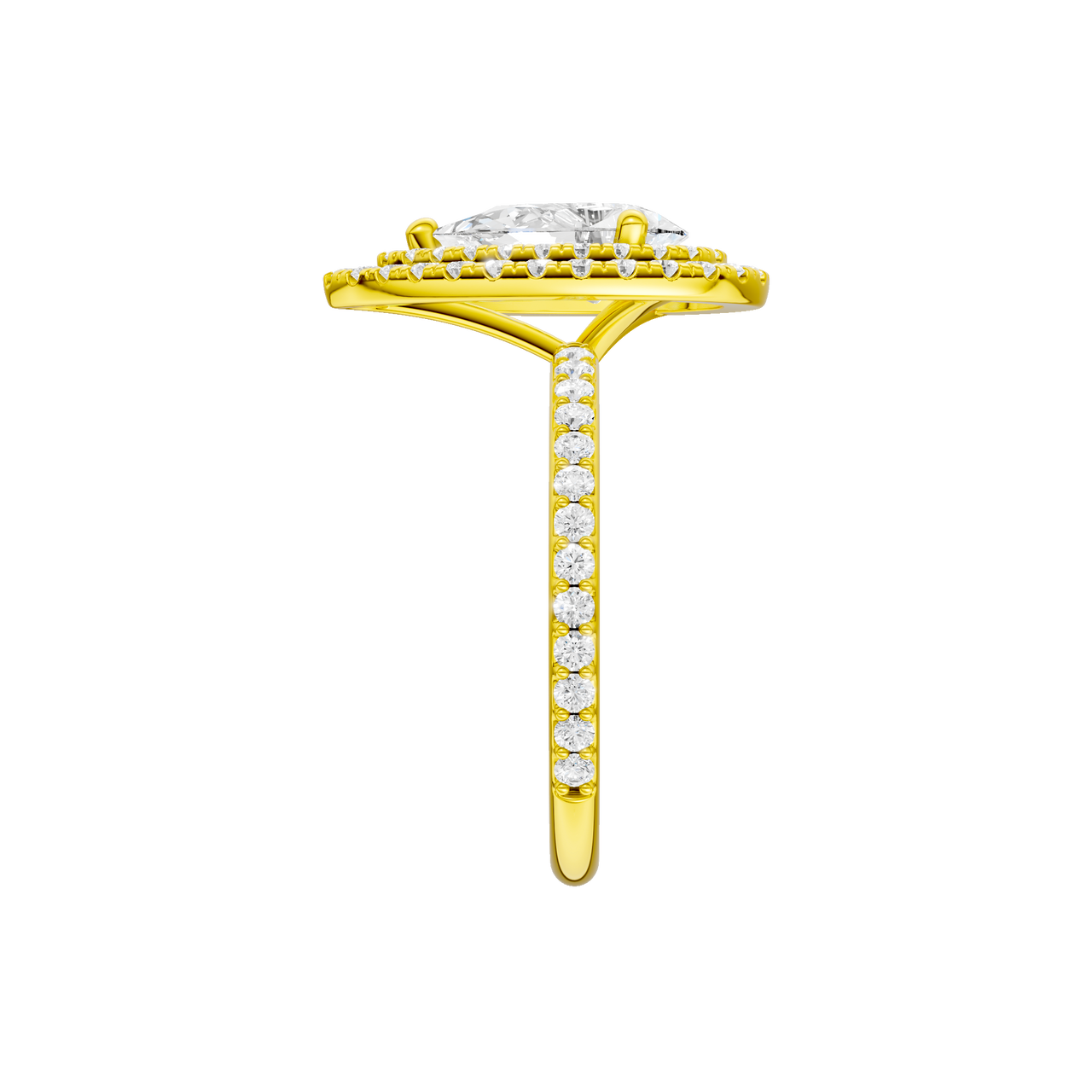 A side view of the Pear cut diamond engagement ring in 14k yellow gold with a prong diamond band and cathedral setting