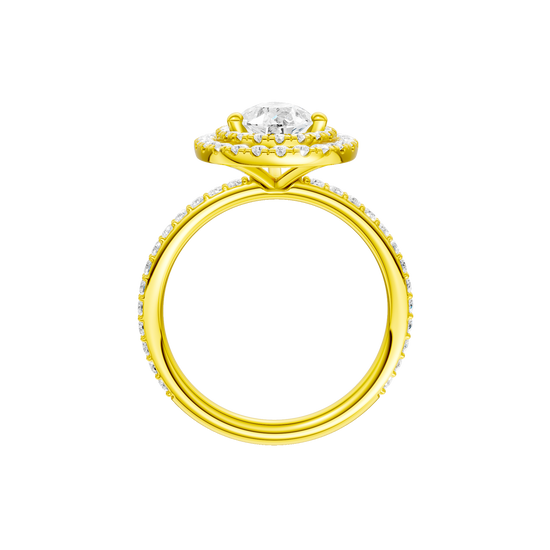 A profile view of the Pear cut diamond engagement ring in 14k yellow gold with a prong diamond band and cathedral setting