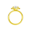 A profile view of the Pear cut diamond engagement ring in 14k yellow gold with a prong diamond band and cathedral setting