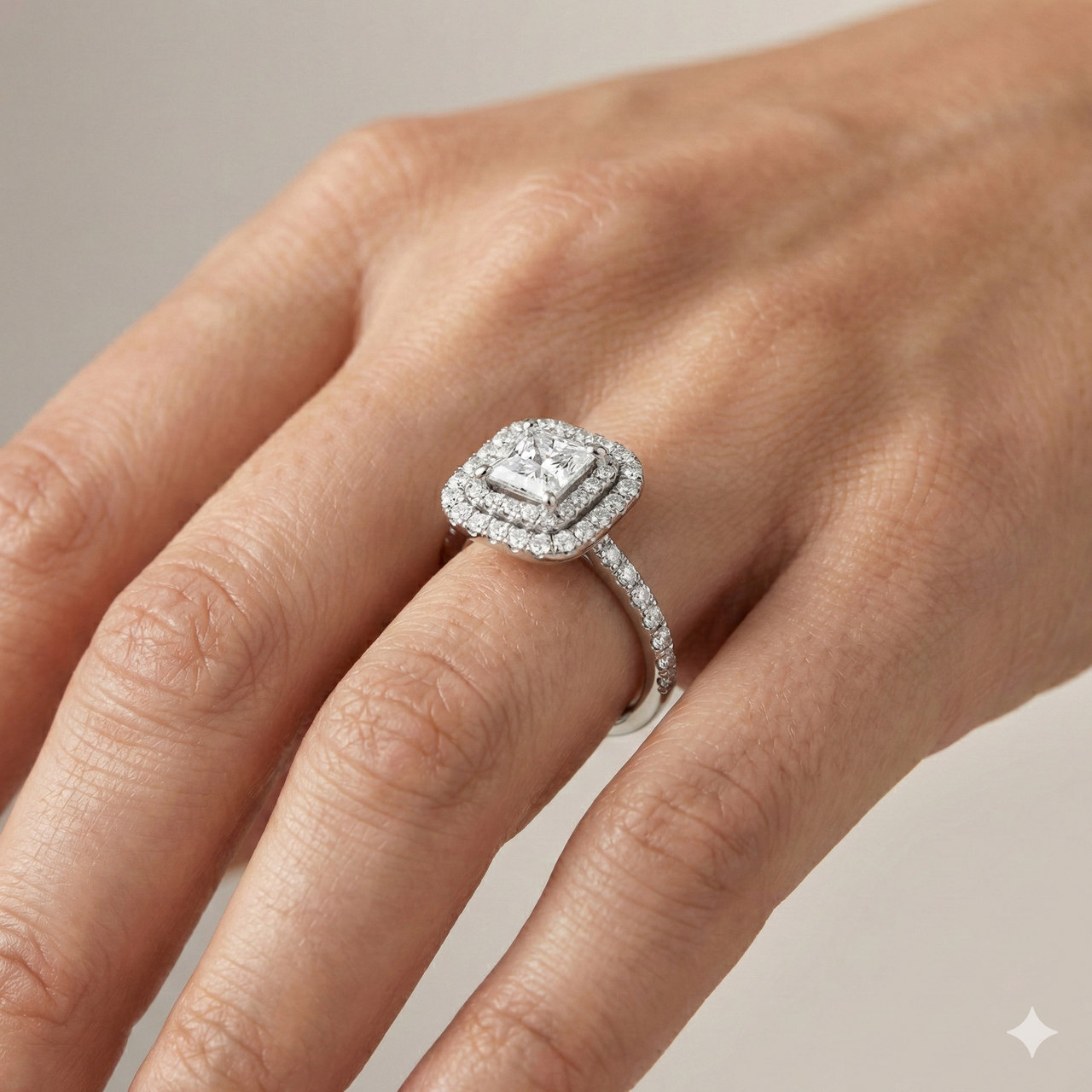 Princess cut diamond engagement ring in 14k white gold with a prong diamond band and cathedral setting on a hand