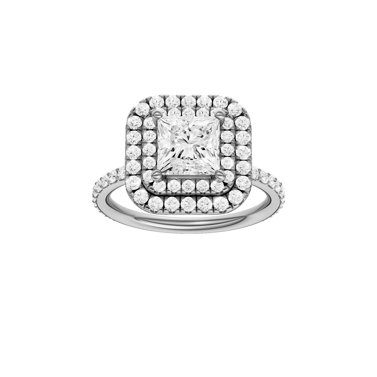 A front view of the Princess cut diamond engagement ring in platinum with a prong diamond band and cathedral setting