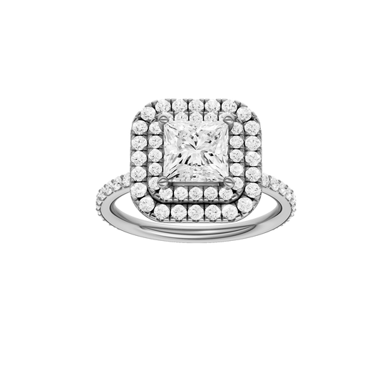 A front view of the Princess cut diamond engagement ring in 14k white gold with a prong diamond band and cathedral setting
