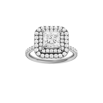 A front view of the Princess cut diamond engagement ring in 14k white gold with a prong diamond band and cathedral setting