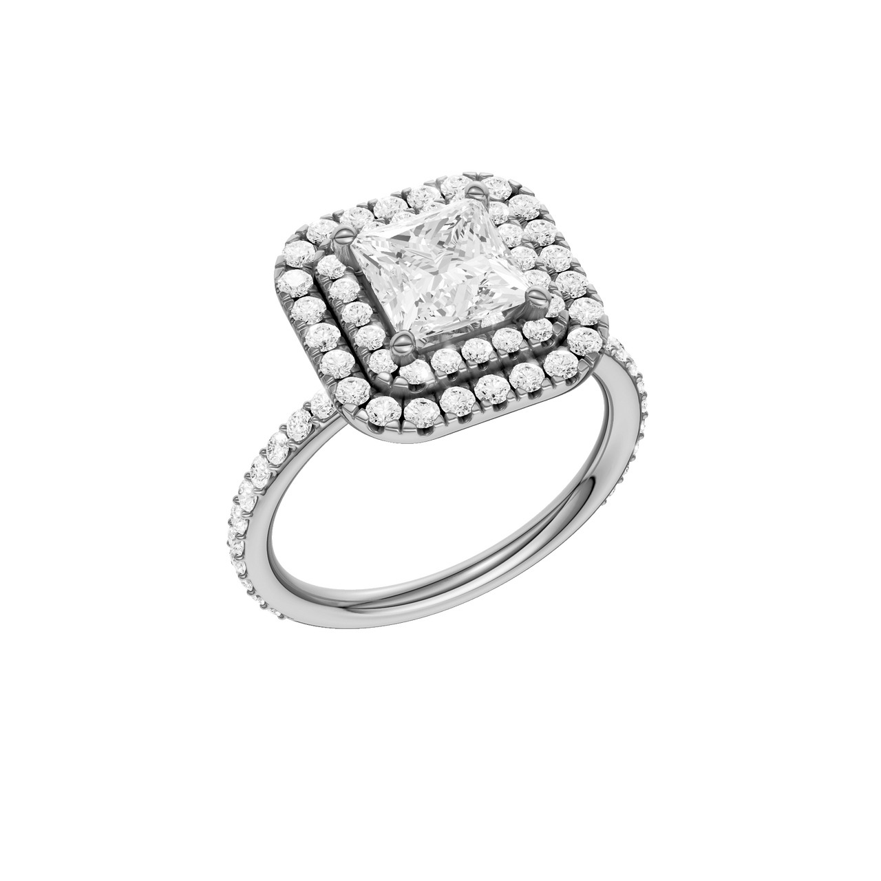 A three-quarter view of the Princess cut diamond engagement ring in platinum with a prong diamond band and cathedral setting