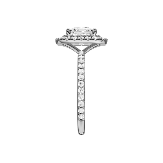 A side view of the Princess cut diamond engagement ring in 14k white gold with a prong diamond band and cathedral setting