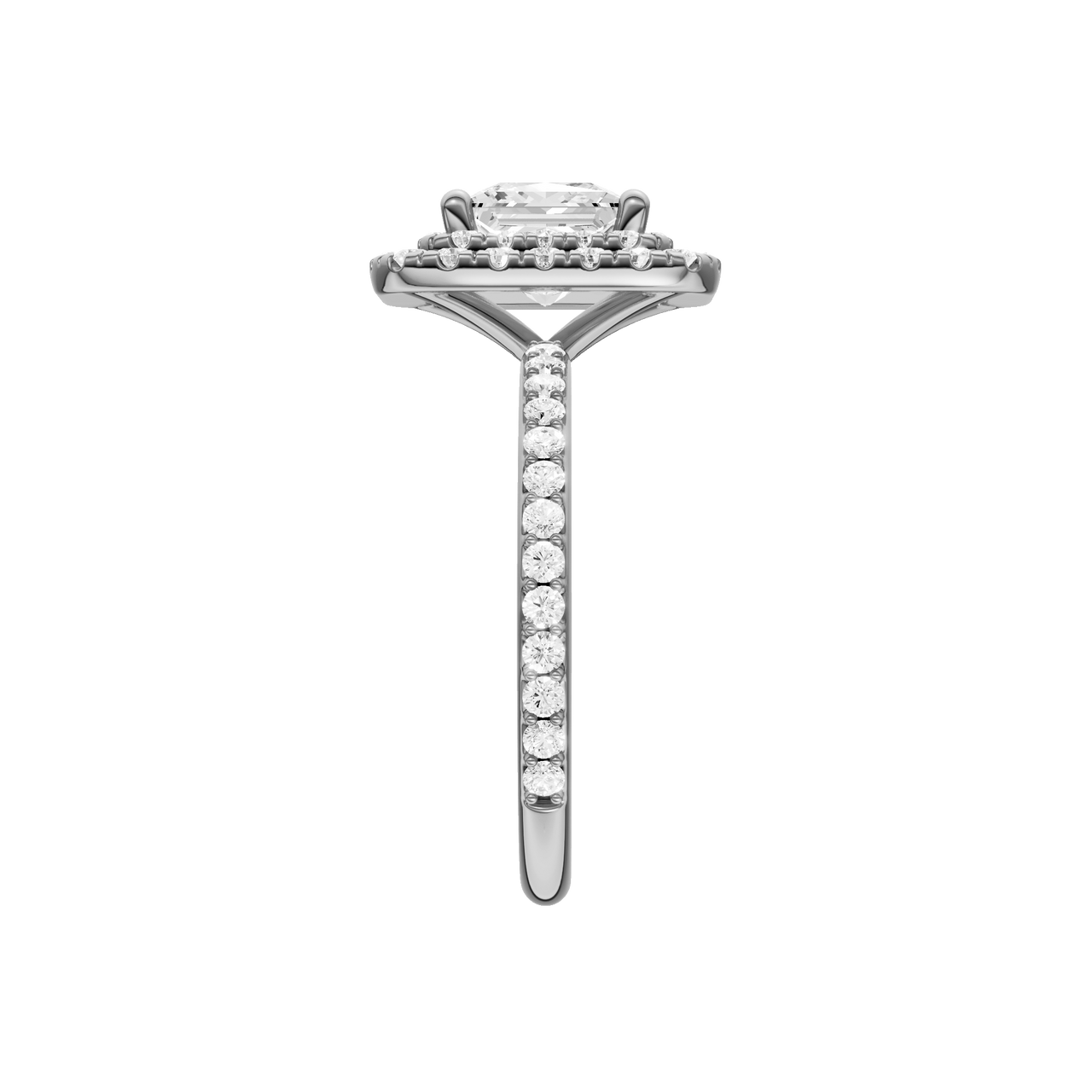 A side view of the Princess cut diamond engagement ring in platinum with a prong diamond band and cathedral setting
