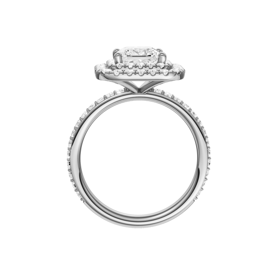 A profile view of the Princess cut diamond engagement ring in 14k white gold with a prong diamond band and cathedral setting