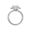 A profile view of the Princess cut diamond engagement ring in 14k white gold with a prong diamond band and cathedral setting