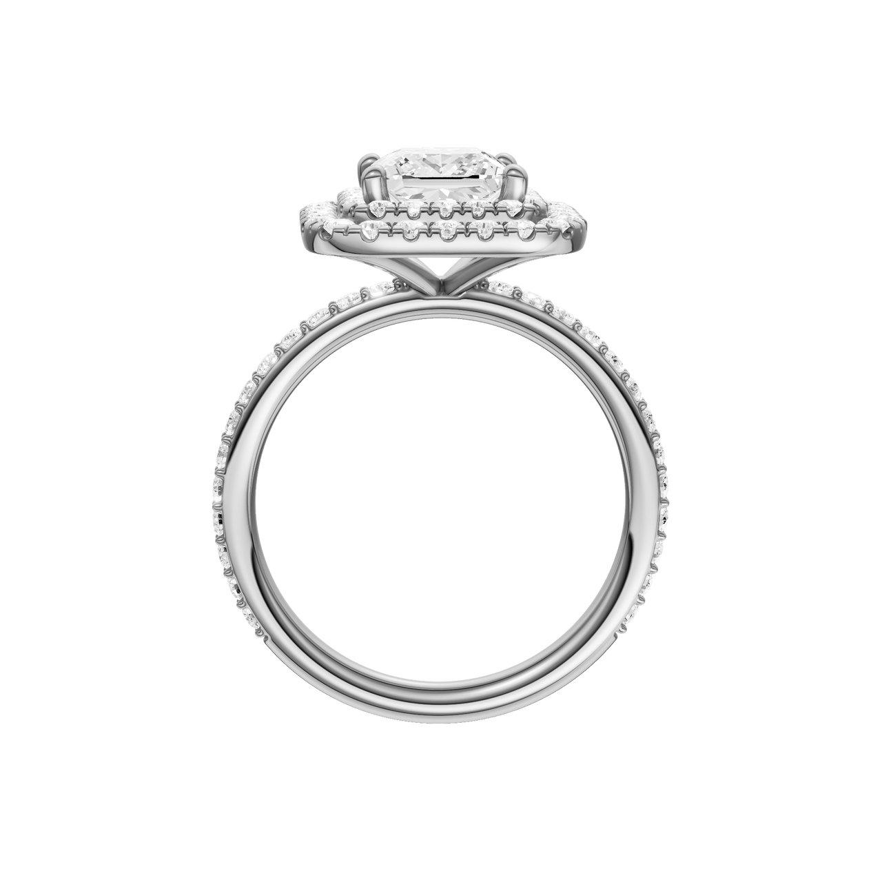 A profile view of the Princess cut diamond engagement ring in 14k white gold with a prong diamond band and cathedral setting