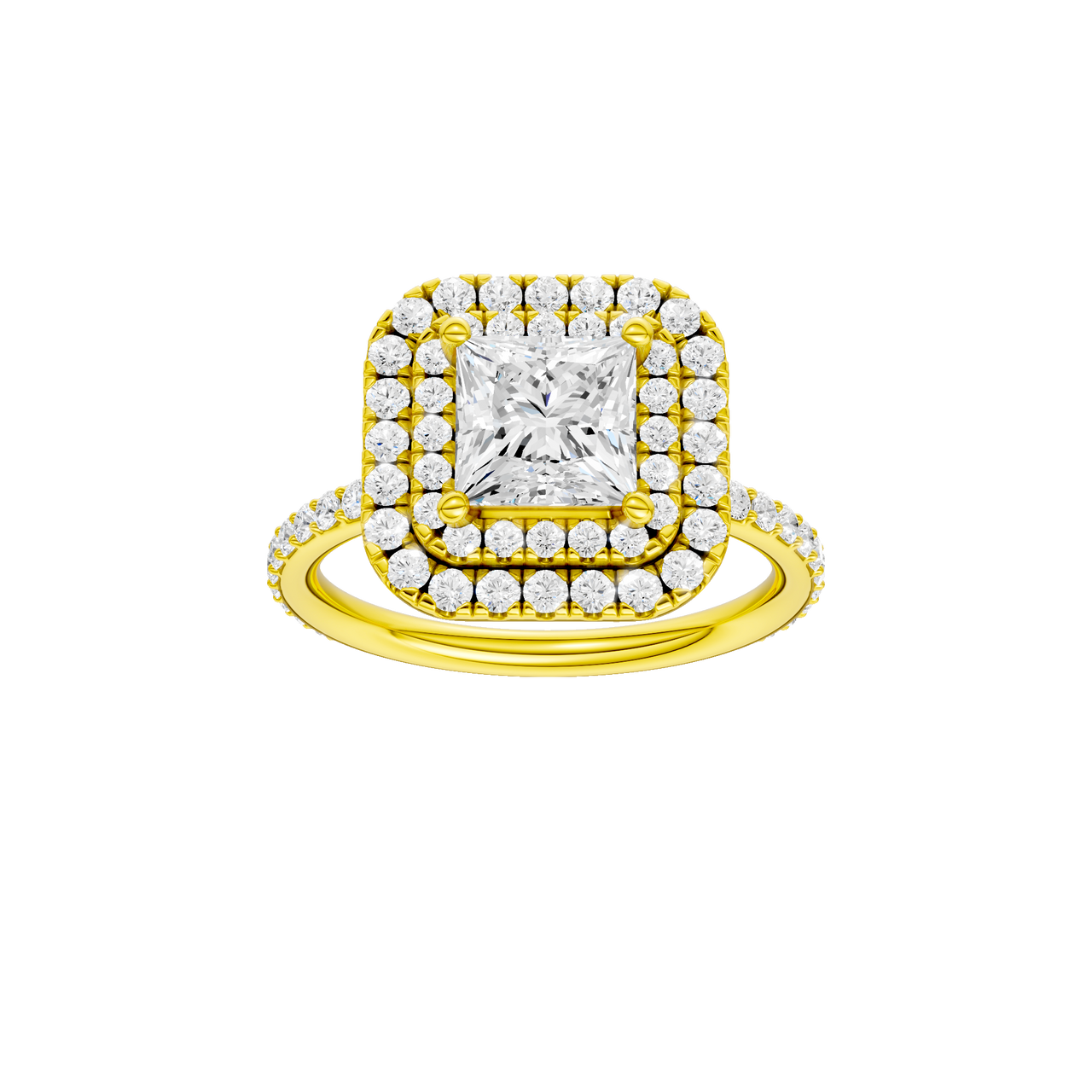 A front view of the Princess cut diamond engagement ring in 14k yellow gold with a prong diamond band and cathedral setting